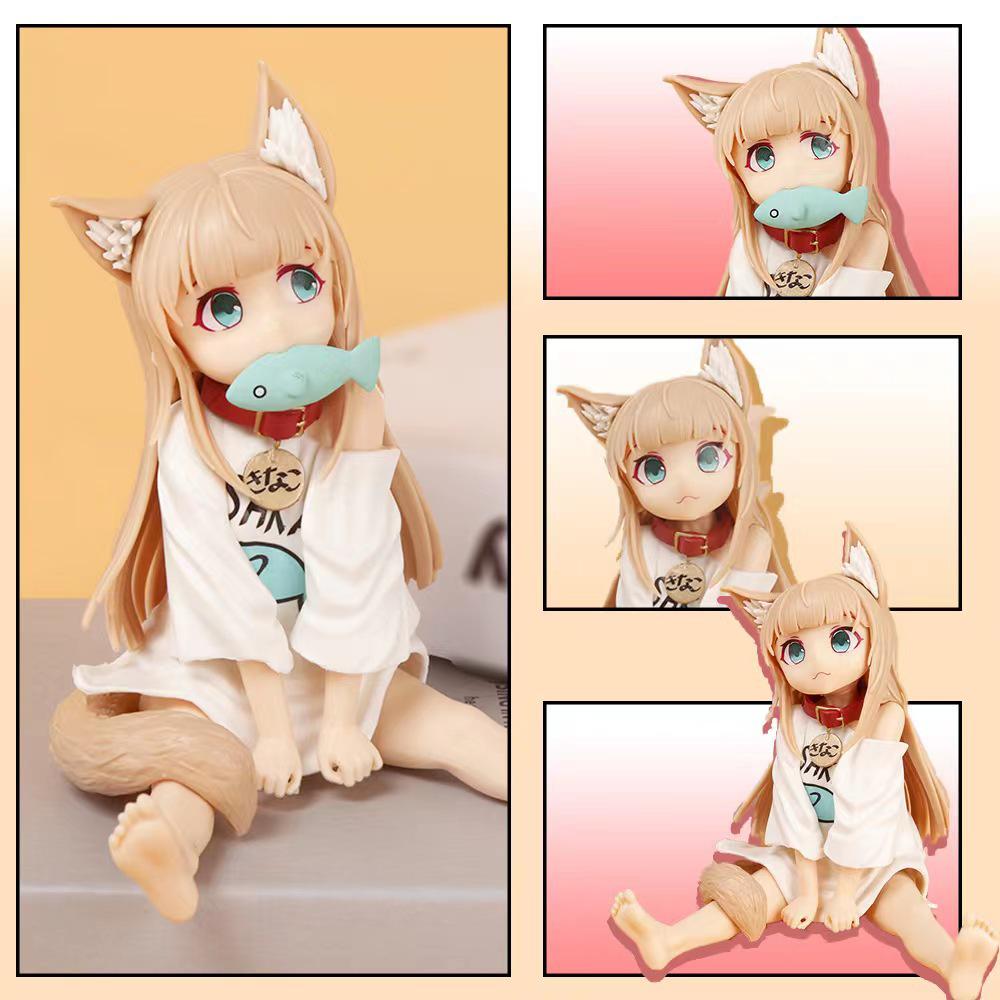 Soybean Catgirl Figurine: Cute Sitting Pose Eating Fish Ornament