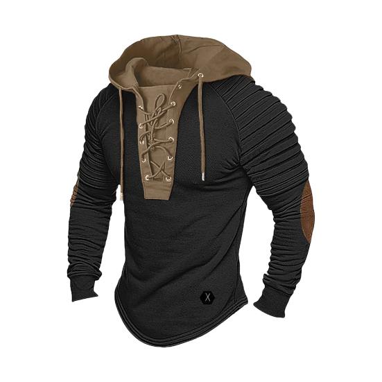 Men Spring Hoodie Pleated Shoulder Colorblock Drawstring Hooded Top Long Sleeve Pullover Lace-up Retro Daily Sport Hoodie