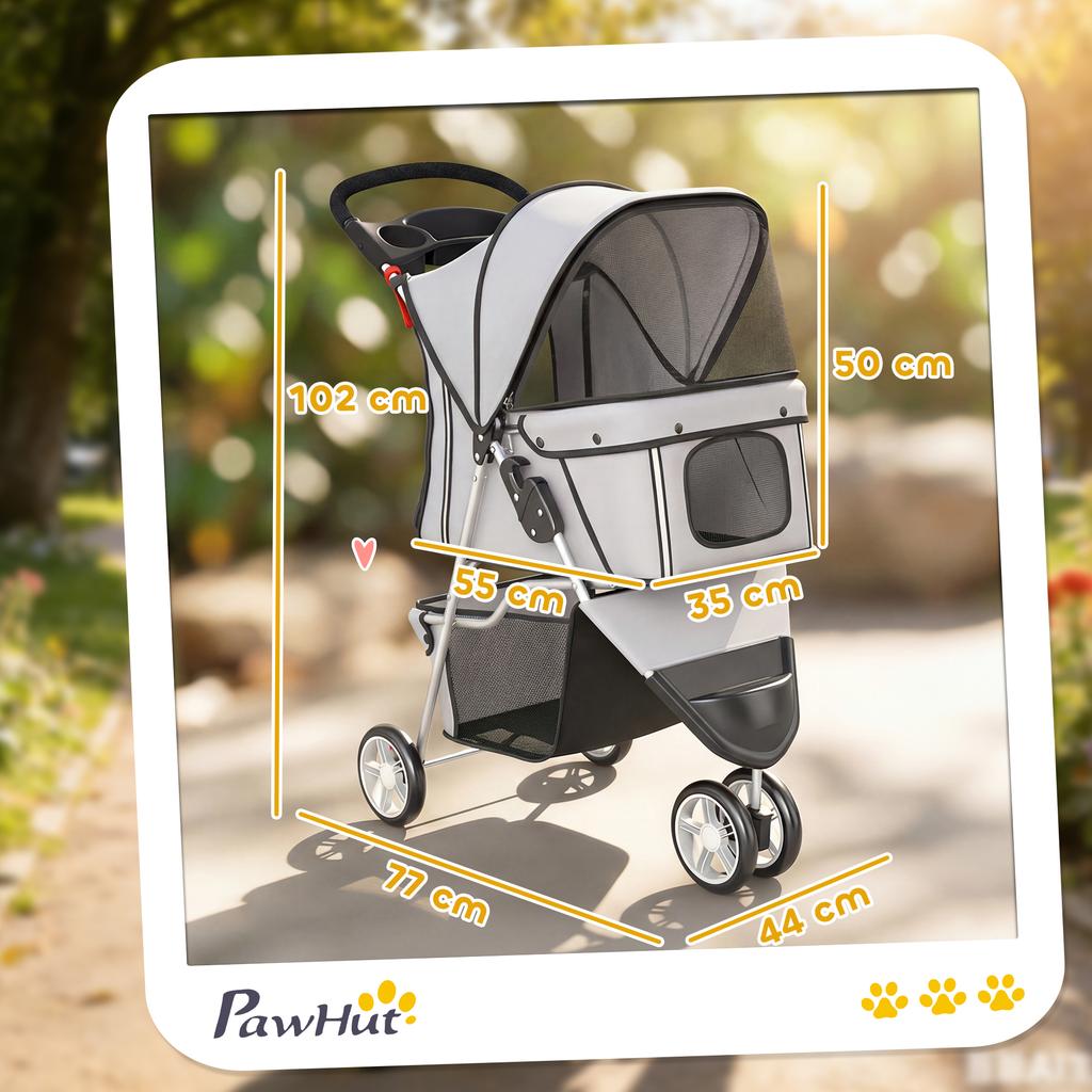 Folding Dog Stroller with Cup Holder and Basket, 77x44x102 Cm, Grey