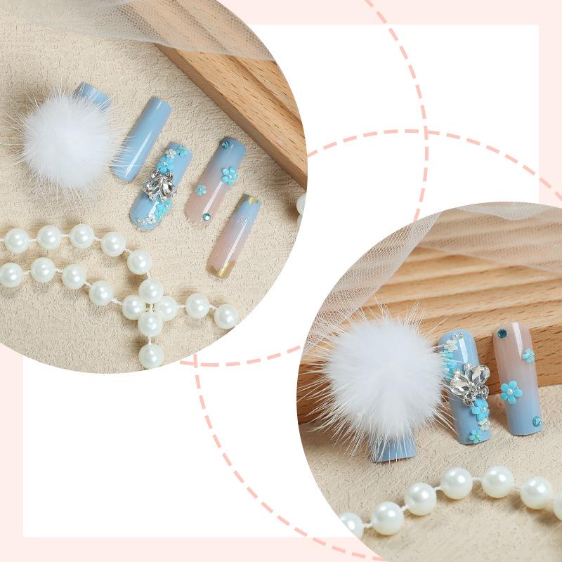 Exquisite 3D Bowknot Flower Pompon Rhinestone Handmade Long Nail Tips