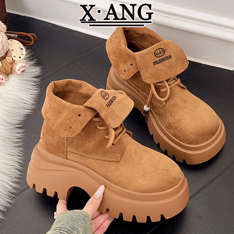 Leather Martin Boots Women's Thick-soled Heightening Small Men Wear Two Short Boots 2025 Autumn New Locomotive Tooling Boots