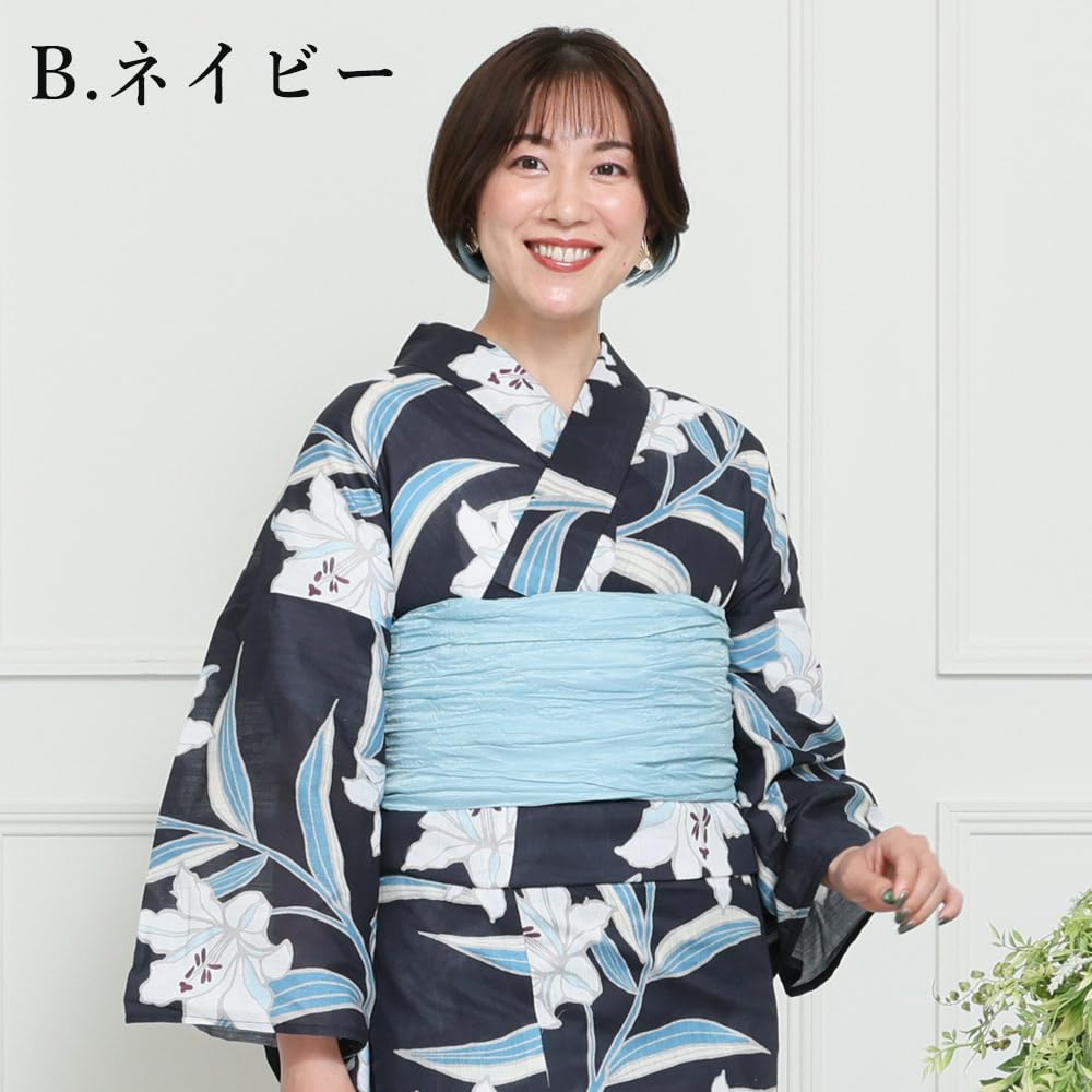 Kyoto Kimono Yuzen Women's Two-Piece Floral Yukata Set with Obi (Heko Obi) (Navy with Lilies)