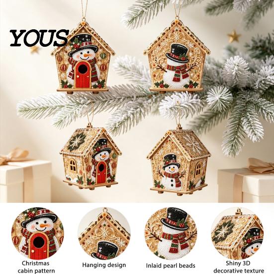 DIY Faux Pearl Bead Craft Set Christmas Art Ornament Kit, Wooden House Snowman Holiday Hanging Decoration Supplies Santa Reindeer Pattern, Handmade