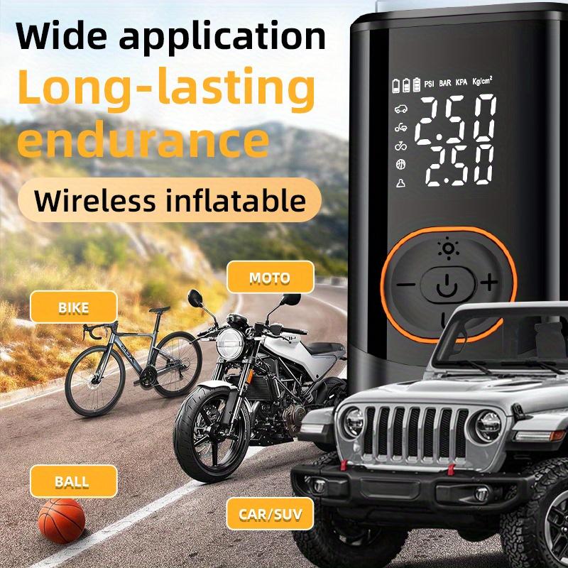 Portable air compressor with digital pressure gauge, 150PSI rechargeable battery, LED light, wireless tire inflator, and USB Type-C interface.