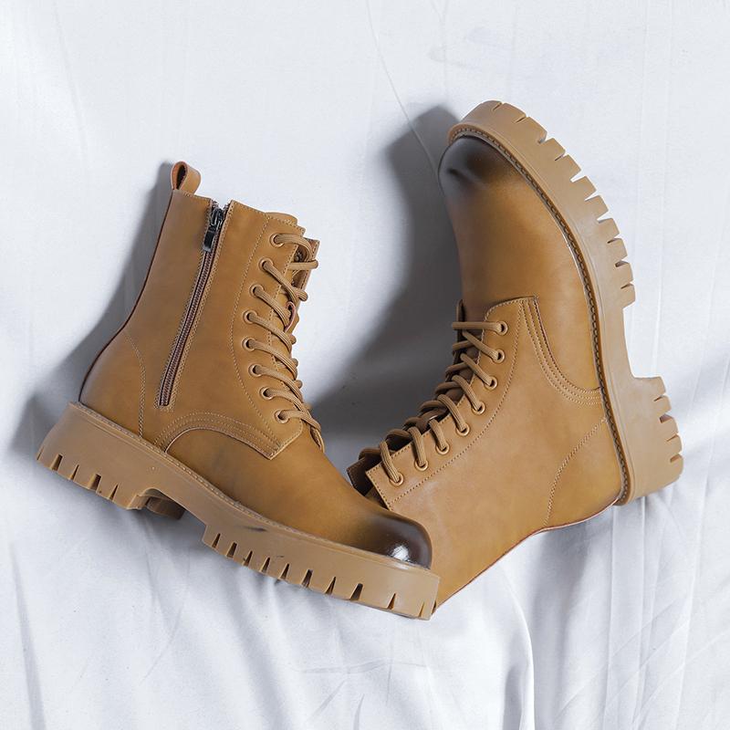Fashion Leather Mens Ankle Boots High Top Shoes for Men Thick Bottom Male Motorcycle Footwear Stylish British Style Casual Shoes