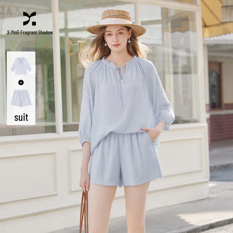 Xiangying Women s Blue Embroidered Linen Blend Shirt & Shorts Set XL