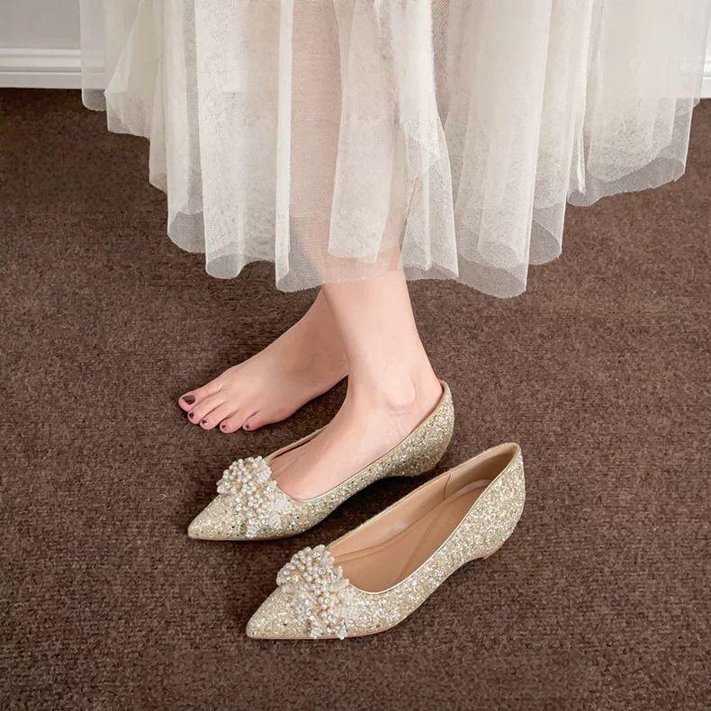 Sequined Flat-soled Heightening Wedding Shoes 2025 Xiuhe Main Wedding Dress Two Wear Crystal Bridal Shoes with Dress French Bridesmaid Shoes