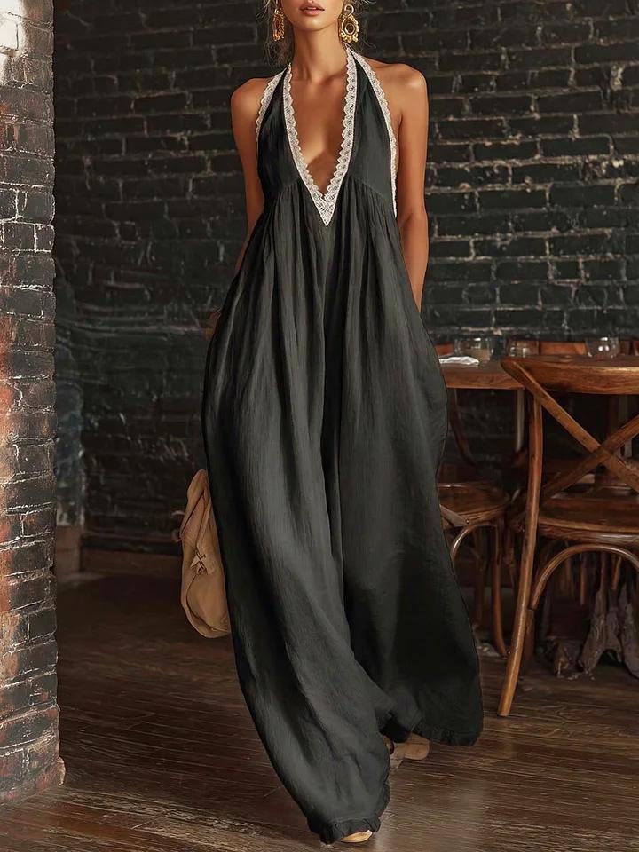 2026 Europäischer & Amerikanischer Lässiger Eleganter Leinen-Jumpsuit mit Spitzenbesatz