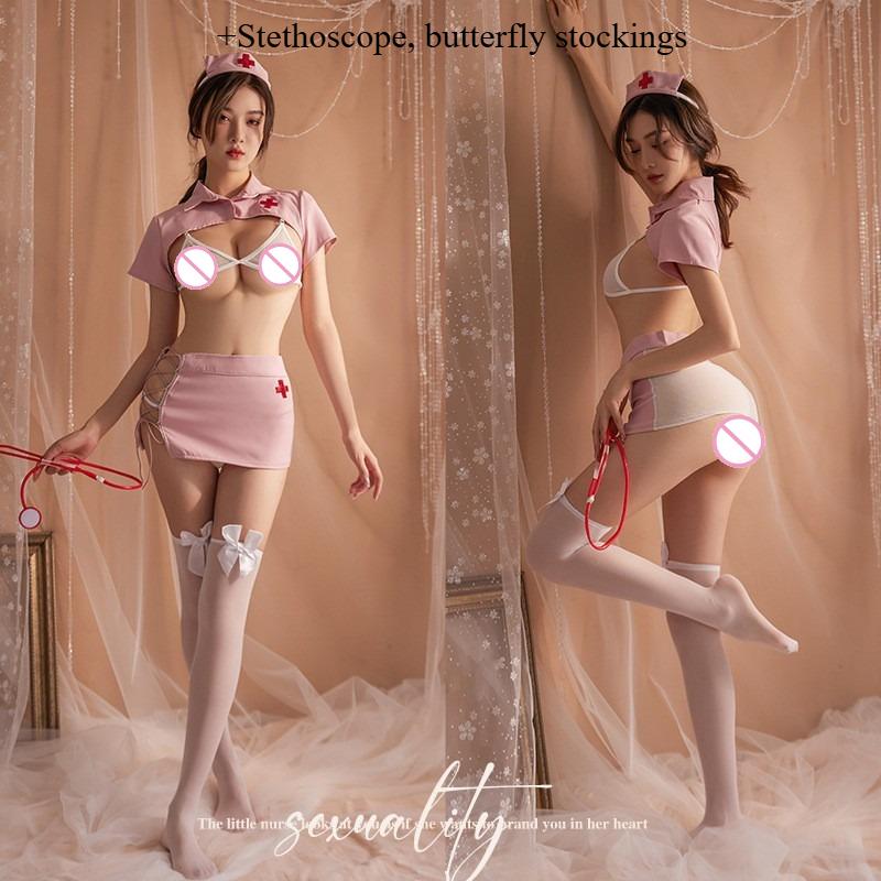 Innocent Sexy Women Nurse Costume Set Side Tie Lingerie Outfit Pure Temptation Medical Dress with G String Panties Teasing Set