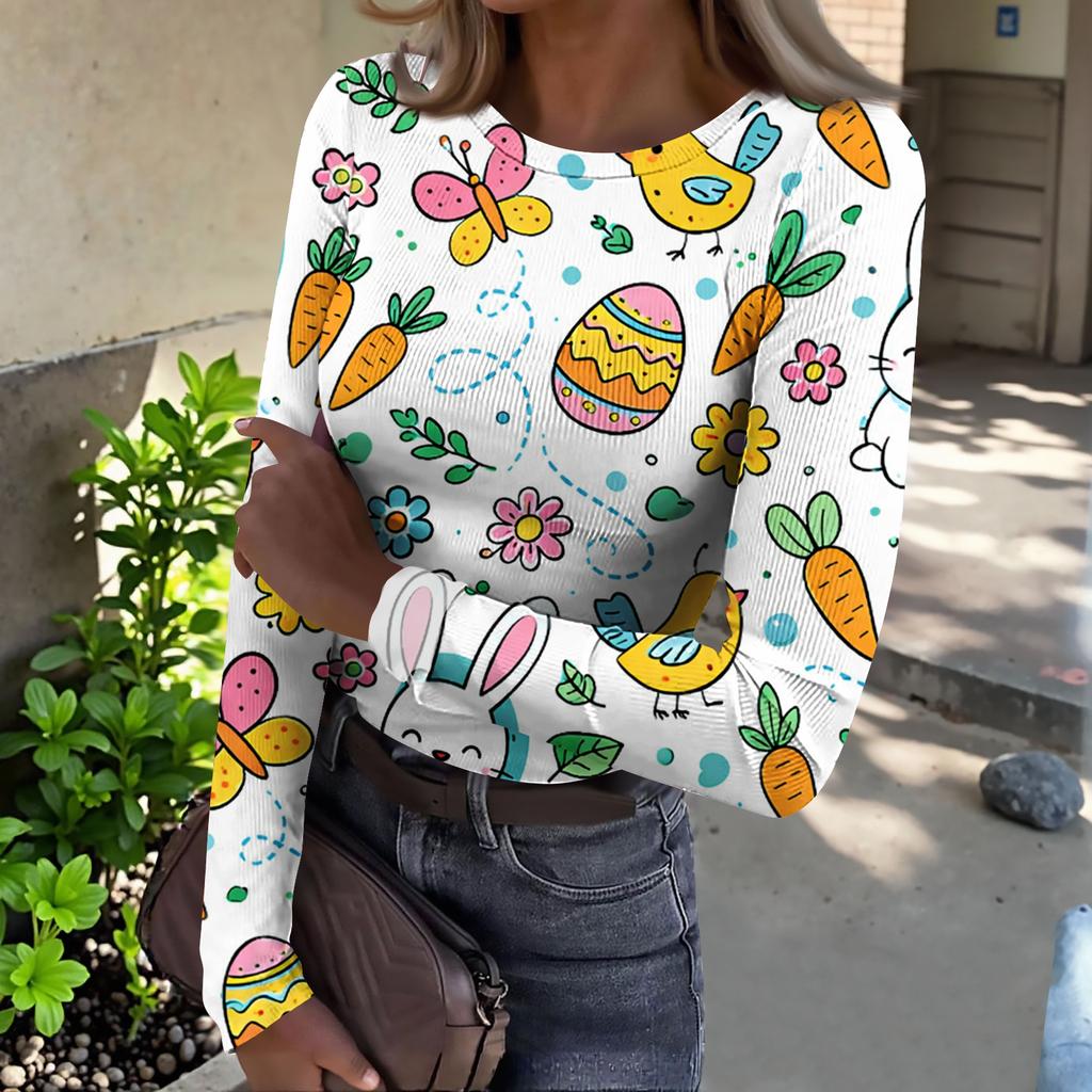 Women's And Winter Slim T-shirt Fashion Casual Printing Round Neck Pullover Long Sleeve Top