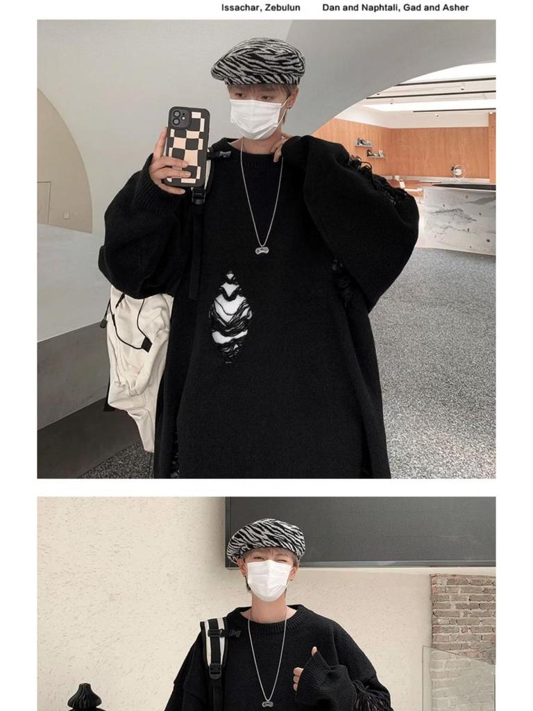Autumn Men's Hole-Knit Sweater: New Lazy Style Pullover in Black or White