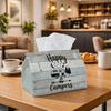 1pc Rustic Minimalist Tissue Box Holder "Happy Campers" In Black Ink, Made from Washable Fabric with Reinforced Corners And a Smooth End. It'S Compact