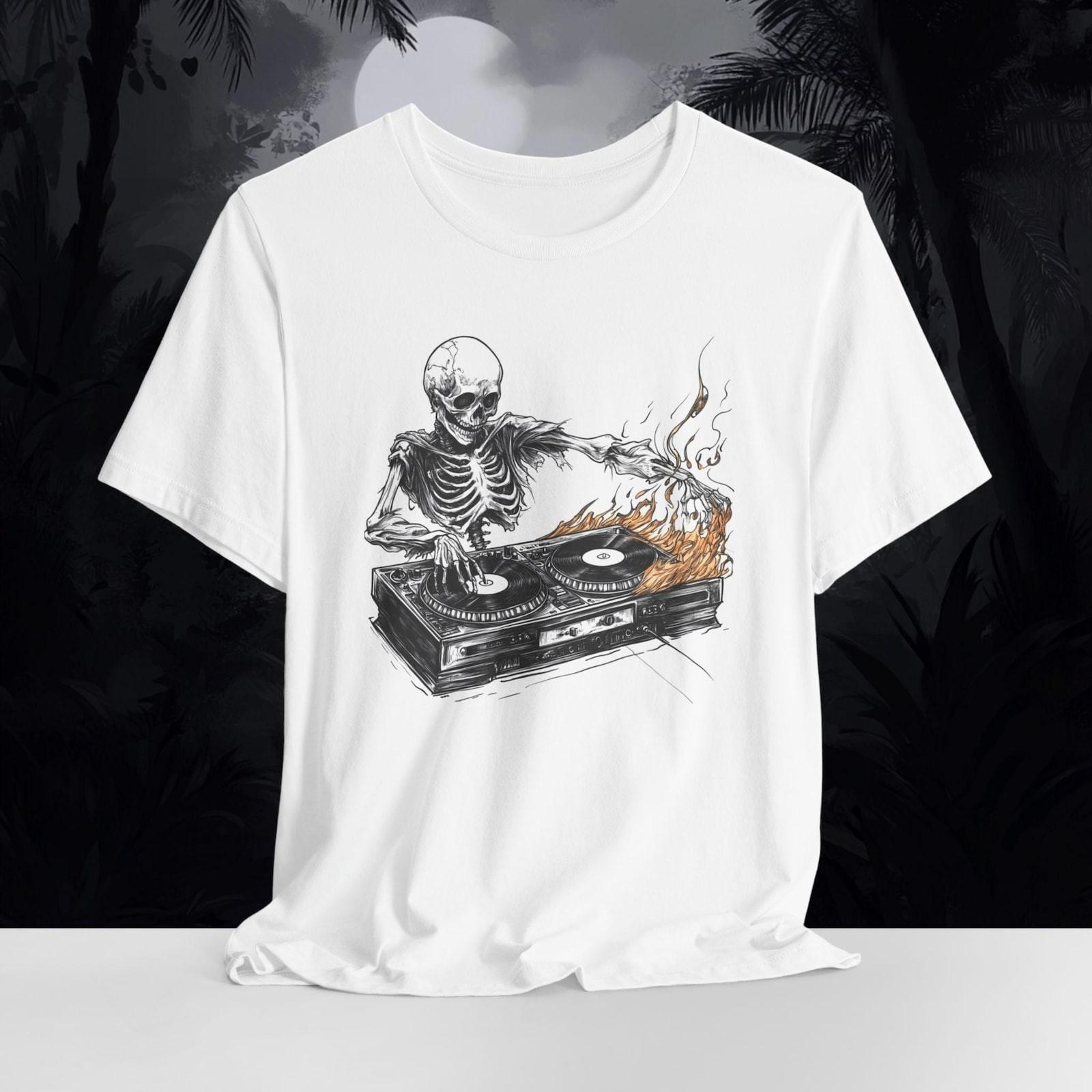 Heavy Metal Skeleton DJ Shirt Flaming Turntable Rock Tee Metalhead Music T-Shi S