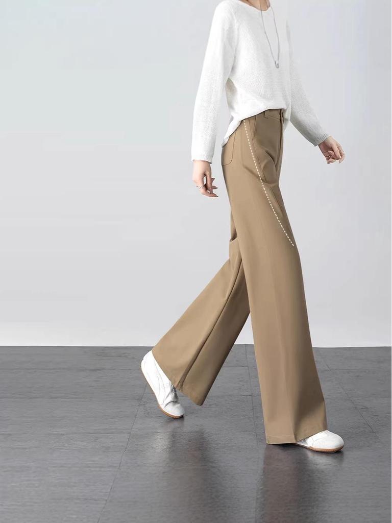 Women's High-Waisted Khaki Wide-Leg Suit Pants for Spring/Summer 2026 - Straight, Thin, and Draped