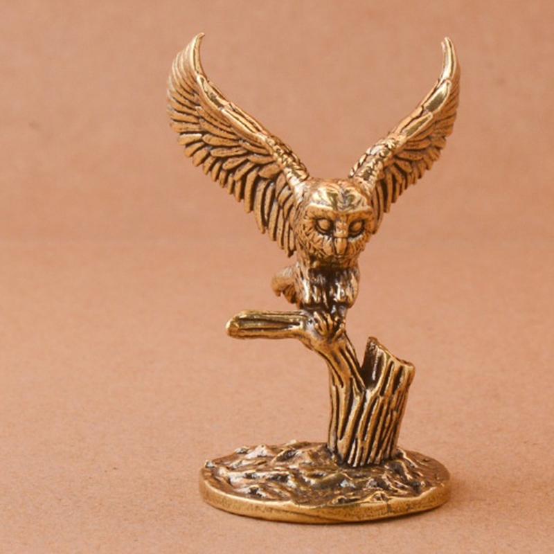 Antique Solid Brass Owl Miniature Figurines Retro Copper Animal Tea Pet Desktop Ornament Decor Crafts Animal Figurines
