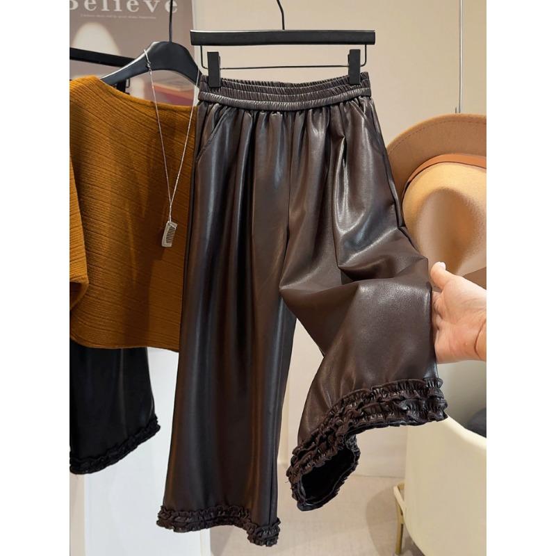 

Повседневные брюки из искусственной кожи с высокой посадкой и фестончатым краем для женского осенне-зимнего сезона, новые эластичные повседневные и тонкие универсальные брюки длиной восемь или девять восьмых. L кофейный