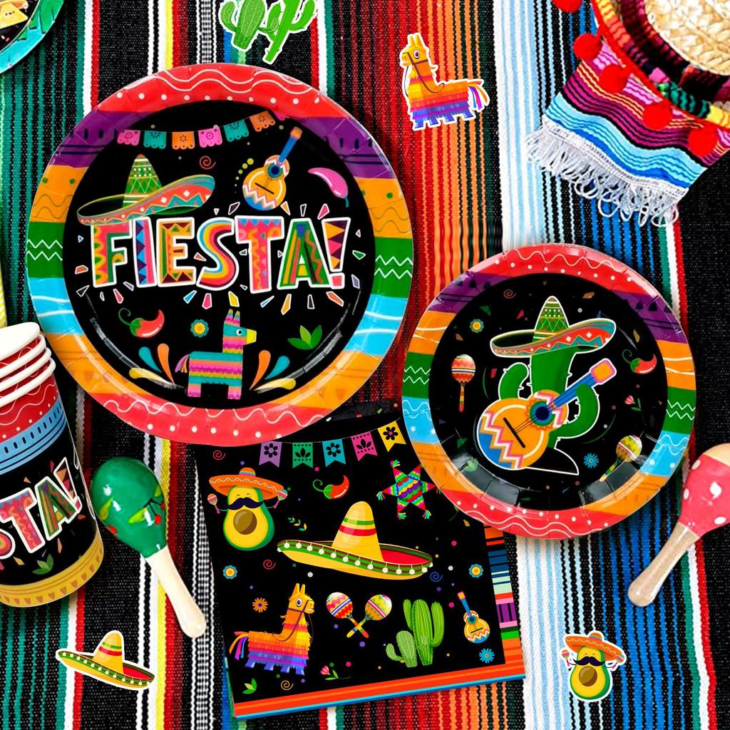 161pcs Mexican Party Paper Tableware Set - Mexican Fiesta Plates Cups Napkins Tablecloth Banner etc Fiesta Party Decorations Tableware