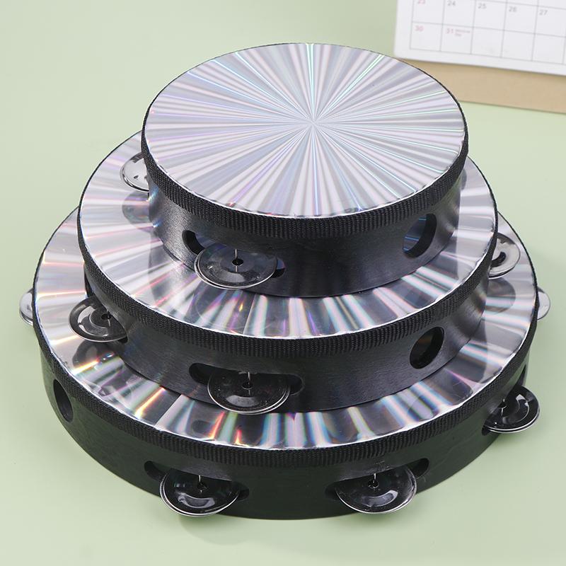 6/8/10 Inch Wooden Radiant Tambourine Handbell Hand Drum With Row Jingles Reflective Drum Head Musical Percussion Instrument