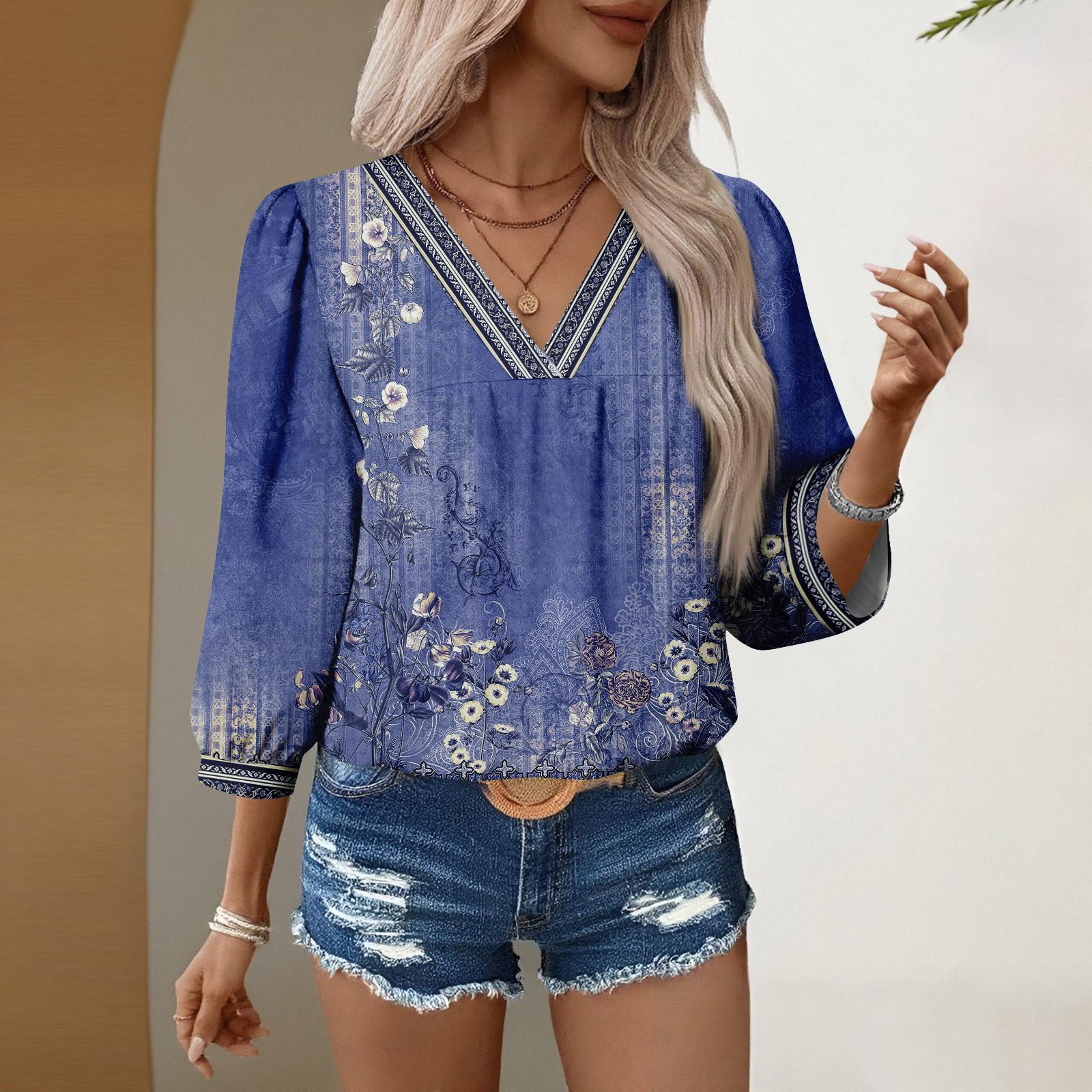 

Женские повседневные блузки с V-образным вырезом и цветочным принтом, рукав 3/4, бохо, осенние топы, рубашки XL