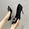 Square Buckle High Heels Temperament Advanced Not Tired Feet Thin Heels Black Work Shoes Pointed Single Shoes 2025 Autumn