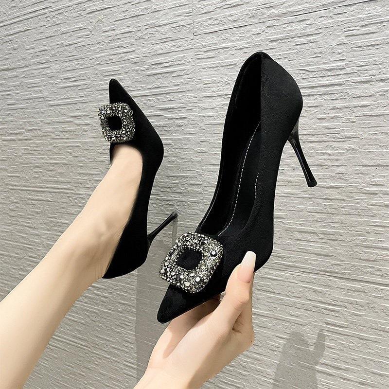Square Buckle High Heels Temperament Advanced Not Tired Feet Thin Heels Black Work Shoes Pointed Single Shoes 2025 Autumn
