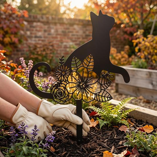 Katze Metall Dekorativer Gartenstecker Schwarze Katze Blumen Silhouette Statue für Außenhof Terrasse Rasen Dekoration