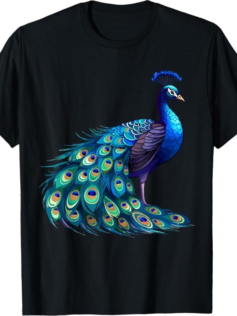 Beautiful Blue Peacock Velvet Feathers Bird Lovers T-Shirt for Men and Men'S Cotton Crew Neck Tee, T