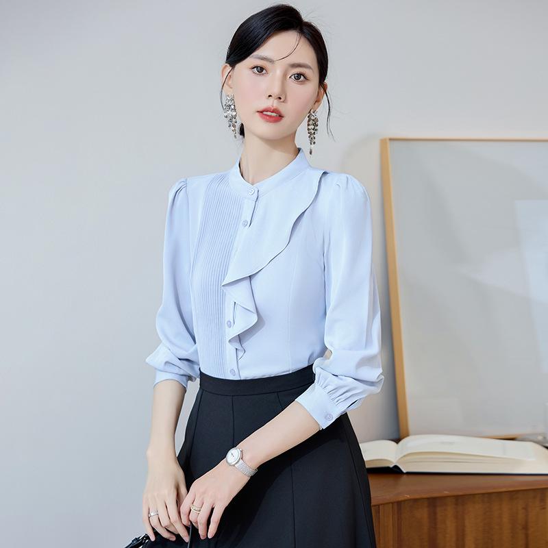 2024 Elegant White Chiffon Blouse - Women's Slimming Long Sleeve Shirt for Spring & Autumn