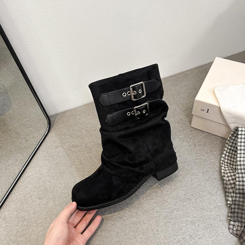 2025 New Pleated Stacking Boots Thick Heel Belt Buckle Loose Large Tube Circumference Women's Boots Summer Popular Super Fire Trouser Tube Boots