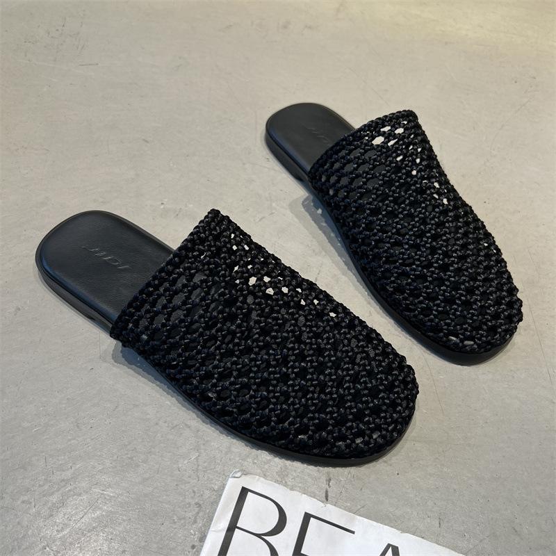 2025 summer new Korean version of fresh literary woven cool slippers flat-bottomed outer wear fashion shoes hollow casual slippers