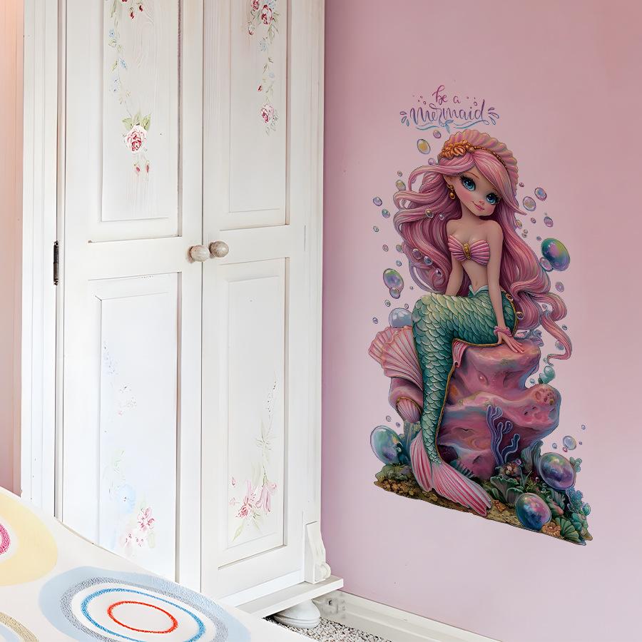 Cartoon Mermaid Wall Stickers for Girls Rooms Bedroom Decals DIY Home Decoration