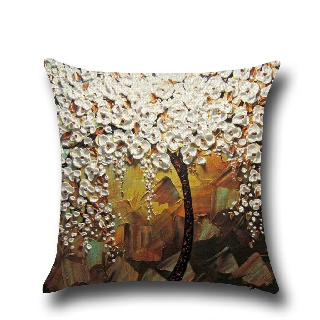 Three-dimensional Oil Painting Trees Flowers Cotton Linen Cushion Pillow Case Car Waist Cushion Cover