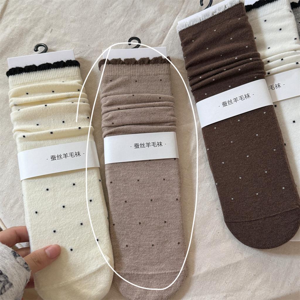 Polka Dot Silk and Wool Socks, Thick and Sweet for Autumn and Winter, Boneless Pile Socks for Girls, Mid-calf Socks