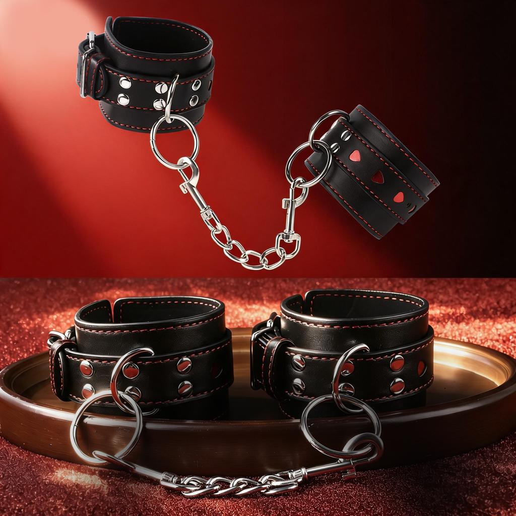 Adjustable PU Leather Heart Handcuffs Ankle Cuff Bracelet - Women BDSM Cosplay Fetish Adult Game Couples Sexy Toys Accessories