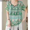MODIQUE Women Short Sleeve T-shirt Summer Plus Size  Loose Casual Elegant Cotton Linen Print Blouse Shirts Lady Basics V-Neck