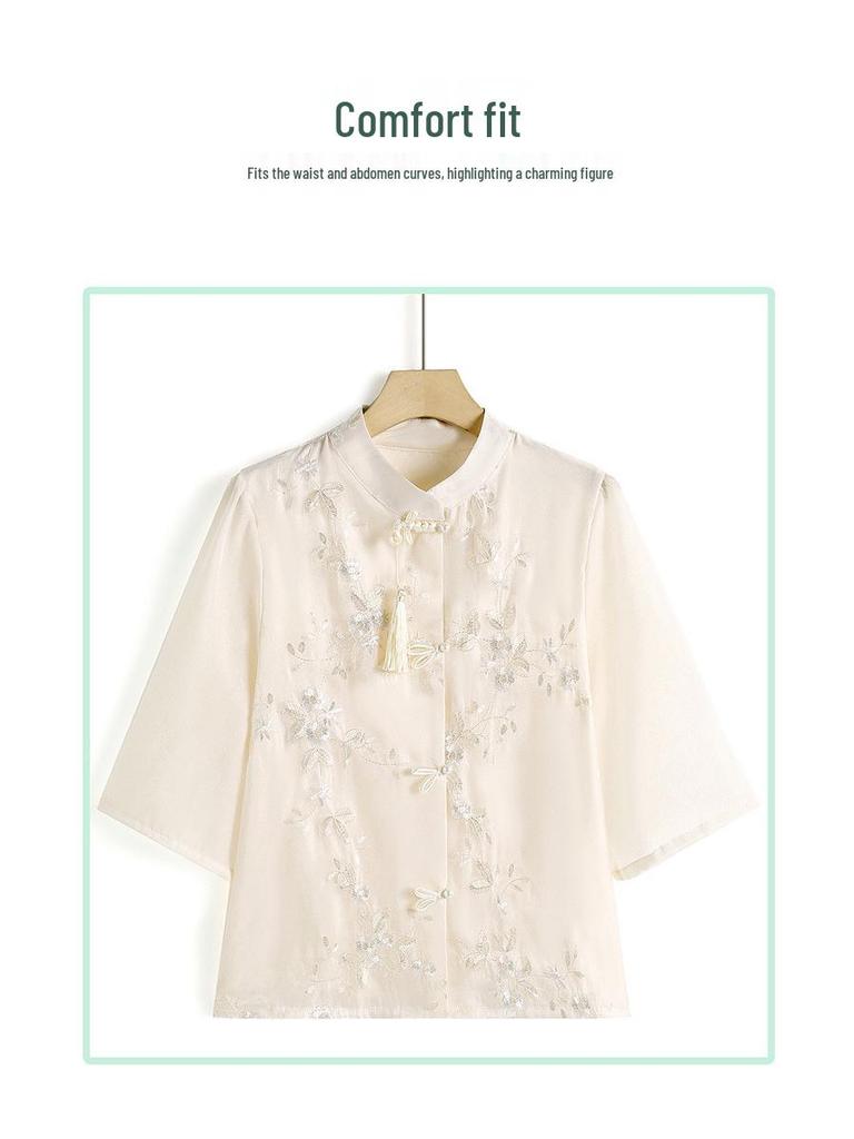 Mom's Summer Embroidered Tassel Stand Collar Chiffon Blouse for Middle-Aged Women