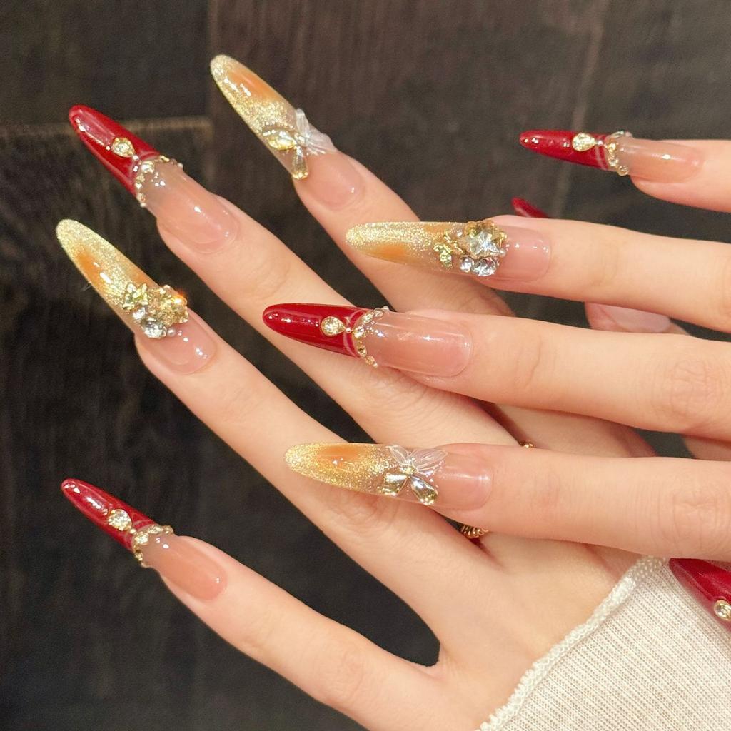 Unhas Postiças Longas Estileto Glitter Unhas Falsas Press ons com Design 3D Reutilizáveis Acrílicas Cobertura Total Cola em Unha Adesivo de Unha para Mulheres