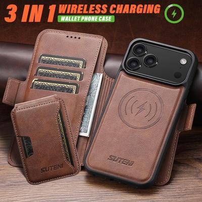 iPhone 17 Pro Max Leather Flip Case with Card Slot, Magnetic Closure, and 3-in-1 Wireless Charging Stand