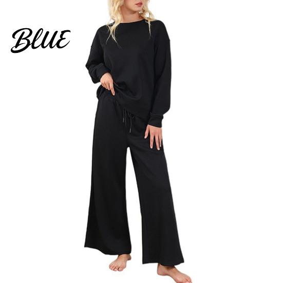 Round Neck Top And Wide-leg Pants Set 2 Pcs/Set Women Suit O Long Sleeves Solid Color Sport Loose Fit Sweatshirt Drawstring Elastic Waist Wide