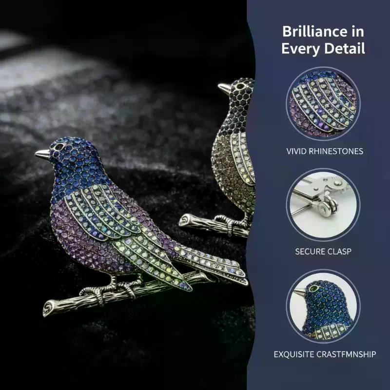 Creative Rhinestone Mockingbird Brooches Sparkly Inlaid Bird Lapel Pin, Fashion Clothing Coat Decor Jewelry Accessories Gifts