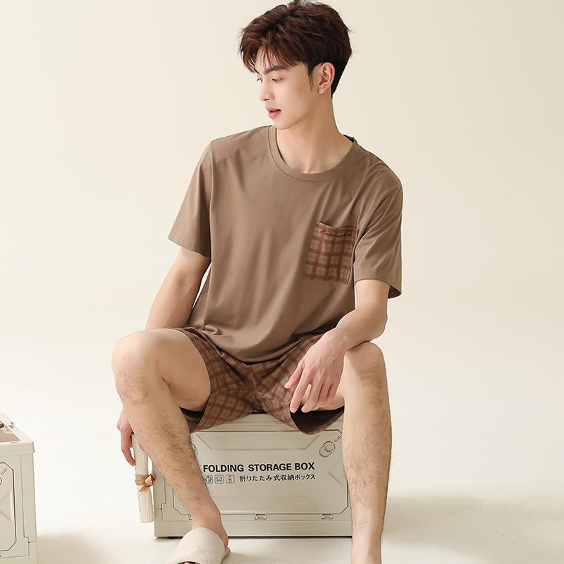 2025 summer thin cotton Men Pajamas short Sleeve tops and shorts sleepwear plaid Student Pajamas set casual plus size Pullovers Homewear