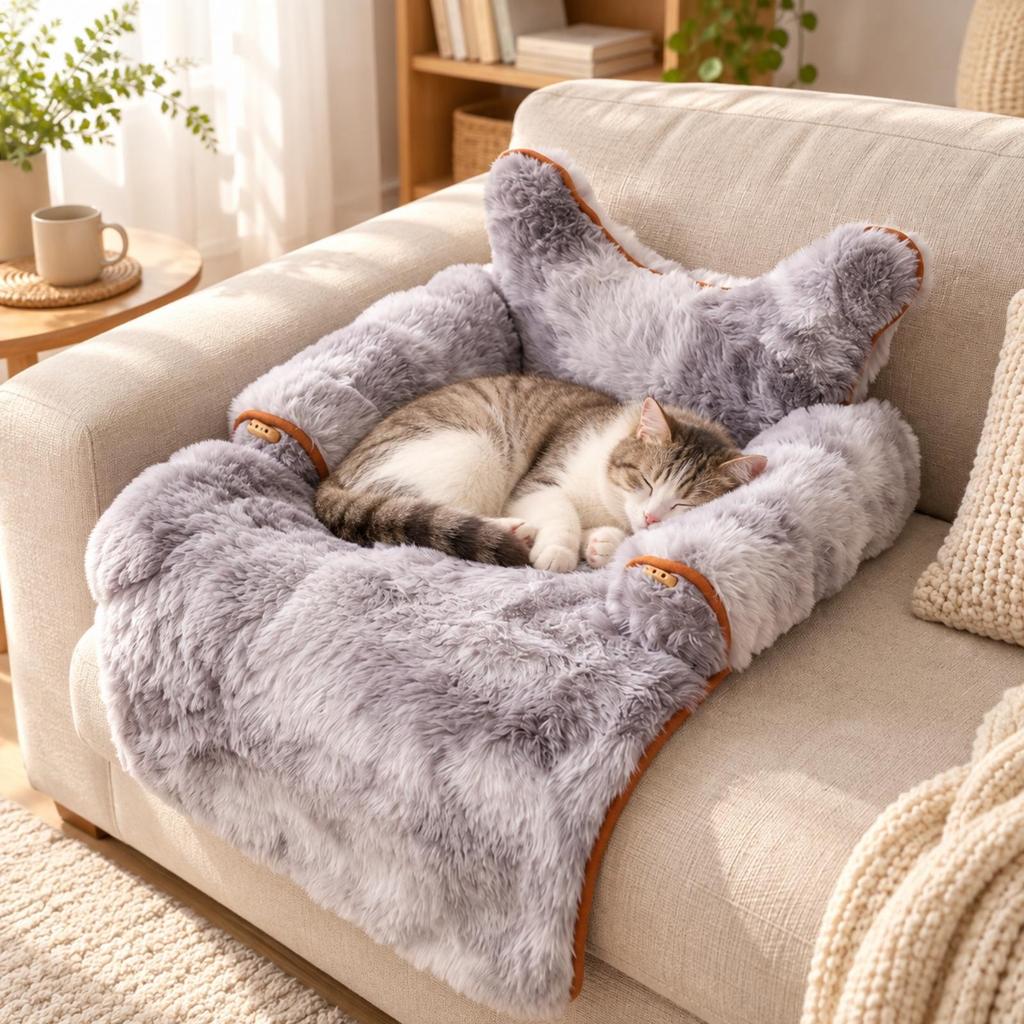 Soft Pet Bed with Bolsters Padded Textured Velvet Couch Cover Bolster for Cat