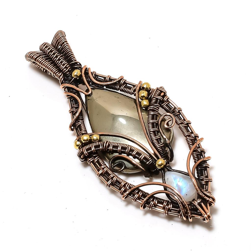 Pyrite & Moonstone Pendant, 999 Copper Wire Wrapped Gemstone Jewelry, Handmade Tree Of Life Pendant, For Thanksgiving