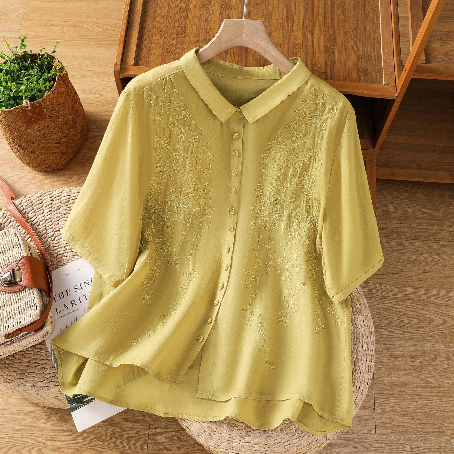 

Retro heavy industry three-dimensional same color series embroidered cotton and linen shirt women s summer new temperament lapel embroidered cardigan 2XL жовтий