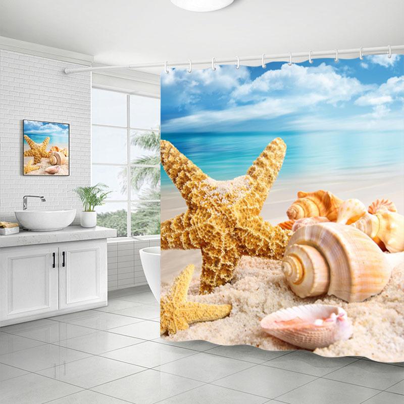 Shower Curtain Bathroom Fabric Non-Punching Beach Natural Scenery Digital Printing Shower Curtain With 12 Hooks