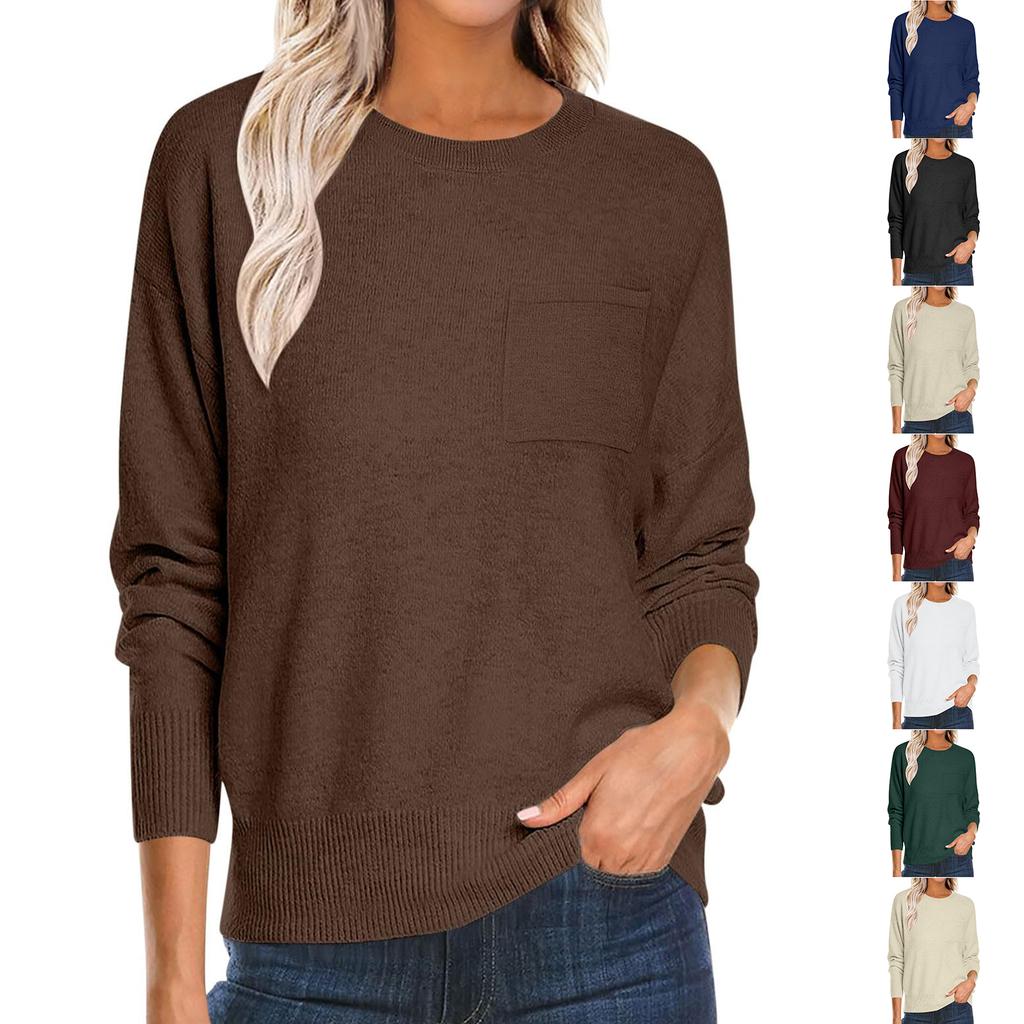 Women's Fashion Round Neck Pullover Sweater Casual Versatile Solid Color Knit Top