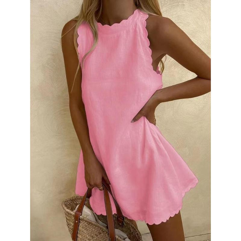 Fashion Sleeveless Solid Mini Sexy Dress Women Summer O-neck Ruffle Cotton Linen Dress Casual Beach White Dress Robe