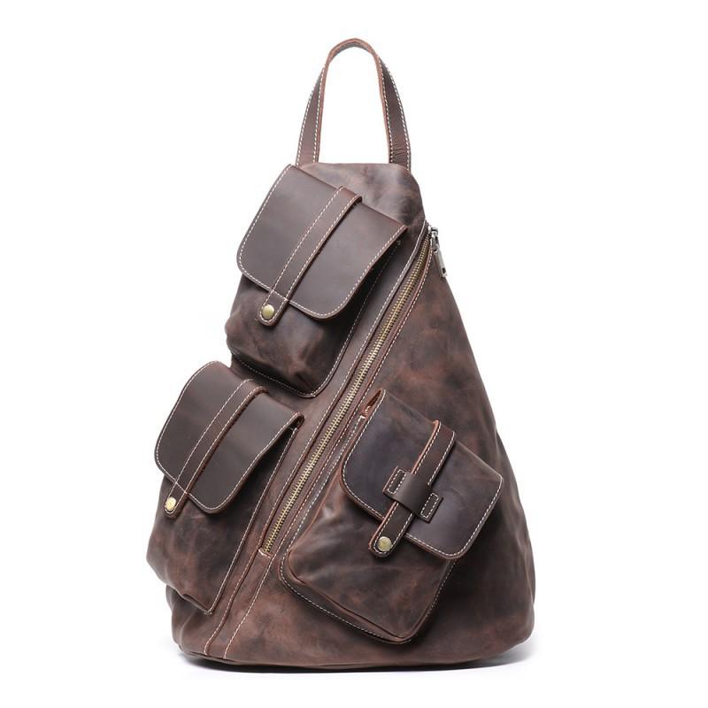 

Fashionable Personalized Leather Backpack Multifunctional Men s Retro Casual Crossbody Bag Top Layer Cowhide Large Capacity Travel глибокий кавового кольору