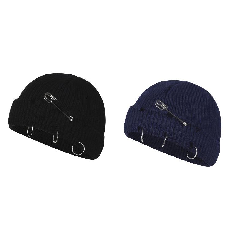 Women Girls Y2k Gothic Beanie Winter Knit Hats Trendy Metal Rings Pin Hip Hop Streetwear Harajuku Skull Cap Emo Scene Grunge