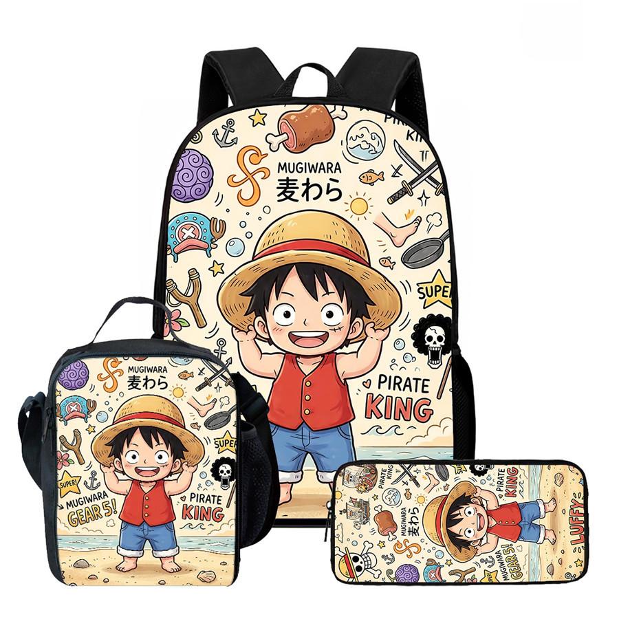 One Piece Anime Backpack 3Pcs Set Cartoon School Backpack Crossbody Bag Pencil Case Student Schoolbag Travel Backpack Gift